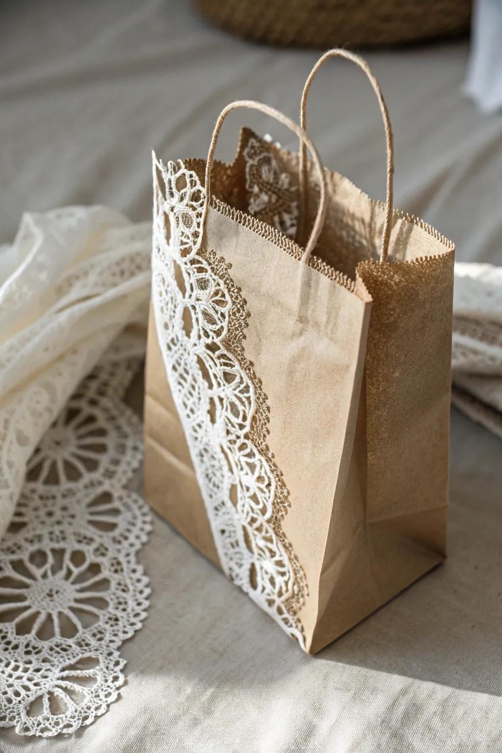 Transform your gift wrapping with a touch of vintage elegance using a delicate lace overlay.