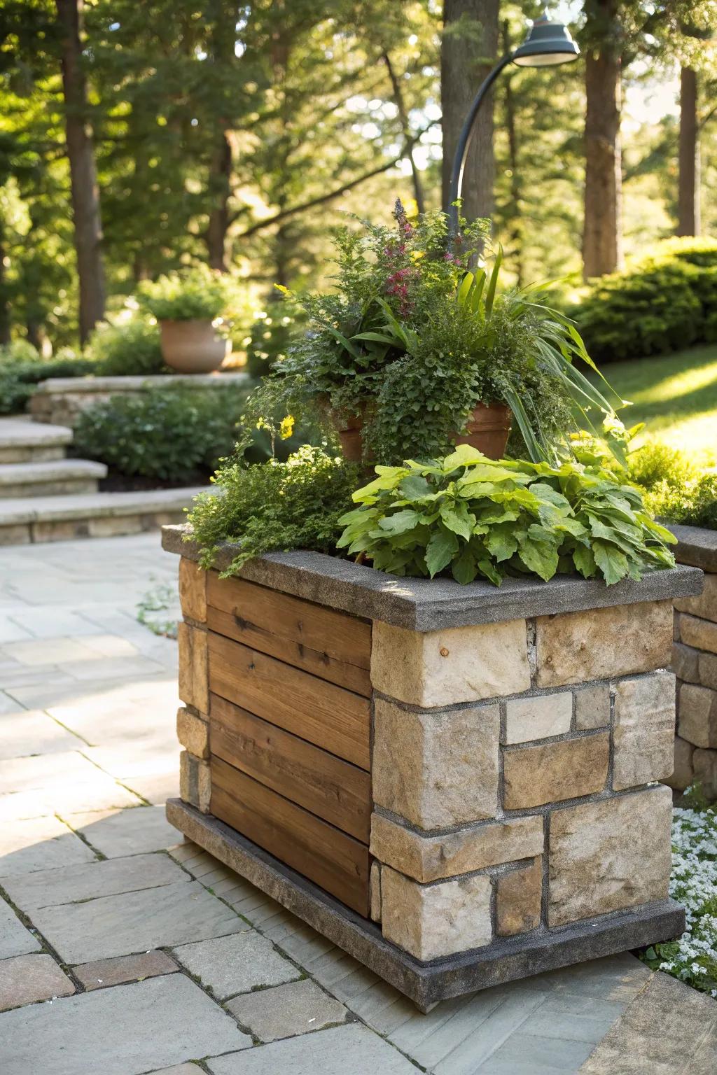 Mixed materials in paver planters create a unique visual interest.