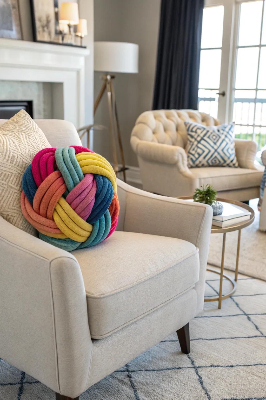 A knot pillow adds a playful and stylish touch to her living space.