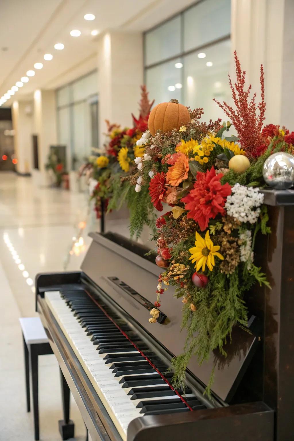 Seasonal decor keeps the piano space lively and current.