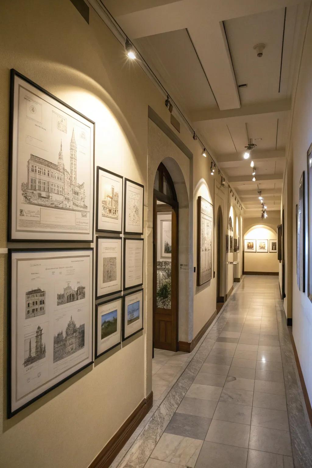 A hallway featuring framed architectural drawings for a sophisticated look.