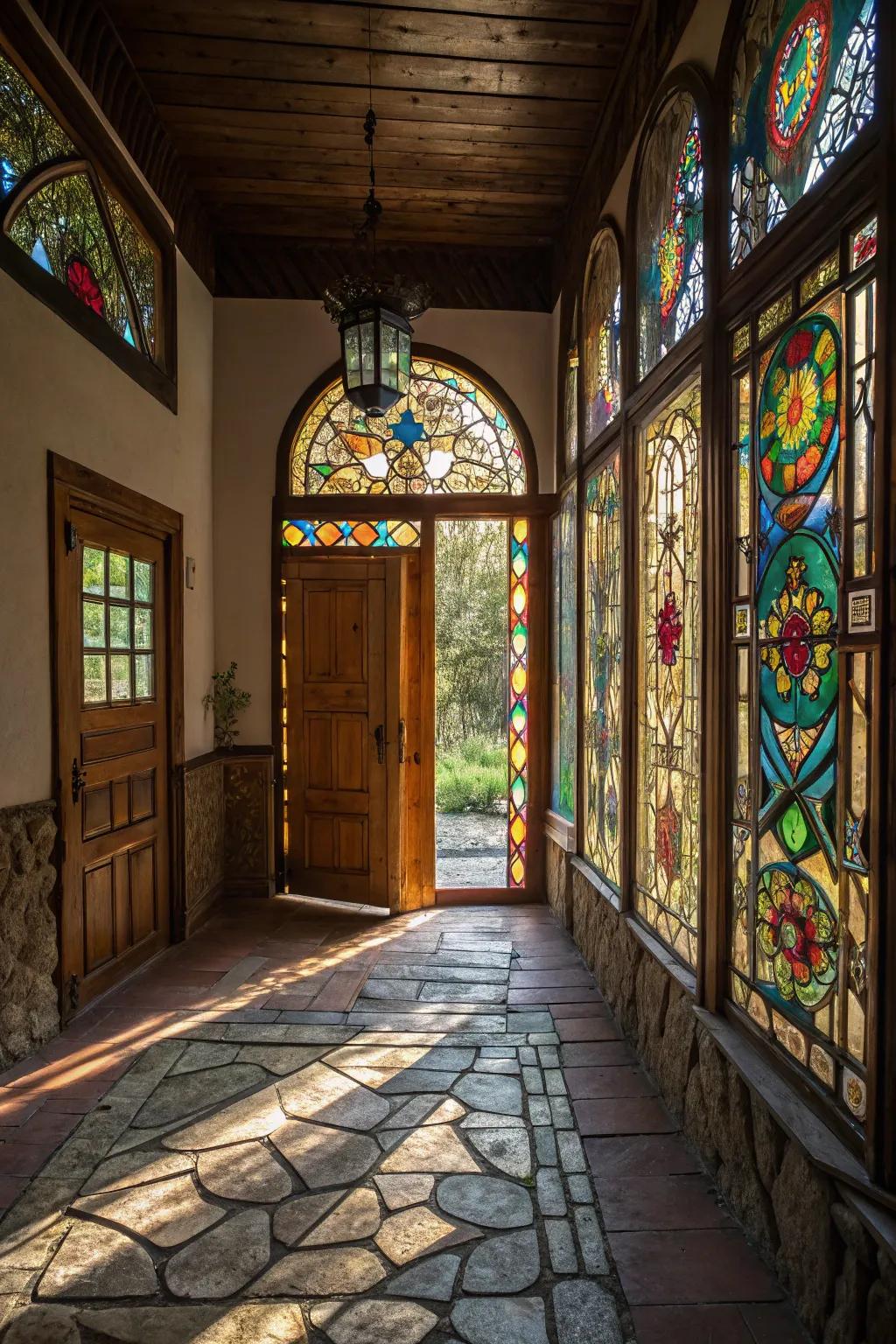 Entryway with stained glass picture windows casting colorful light patterns.