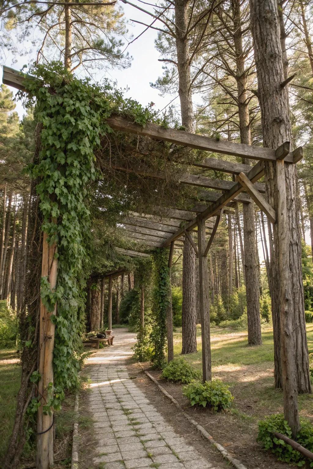 A rustic pergola provides a shaded retreat in the garden.