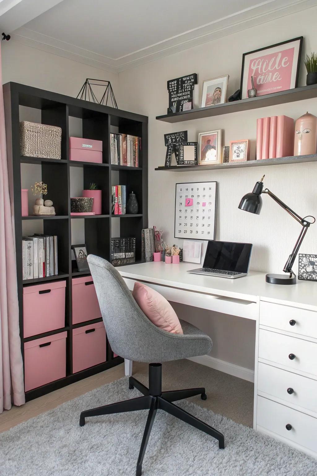 Black and pink accessories add the finishing touches to this chic office.