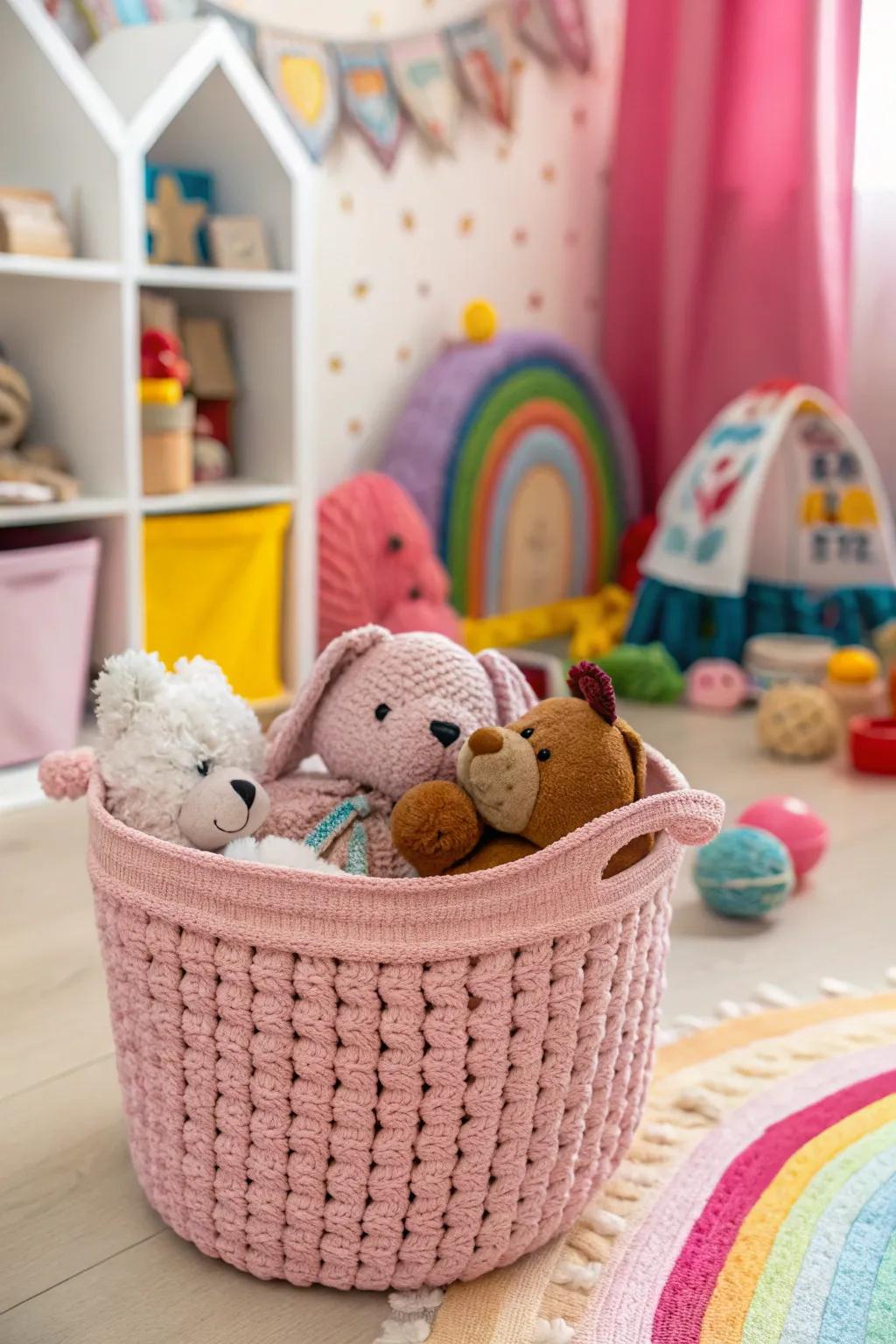 Organize playtime with a delightful pink crochet toy basket.