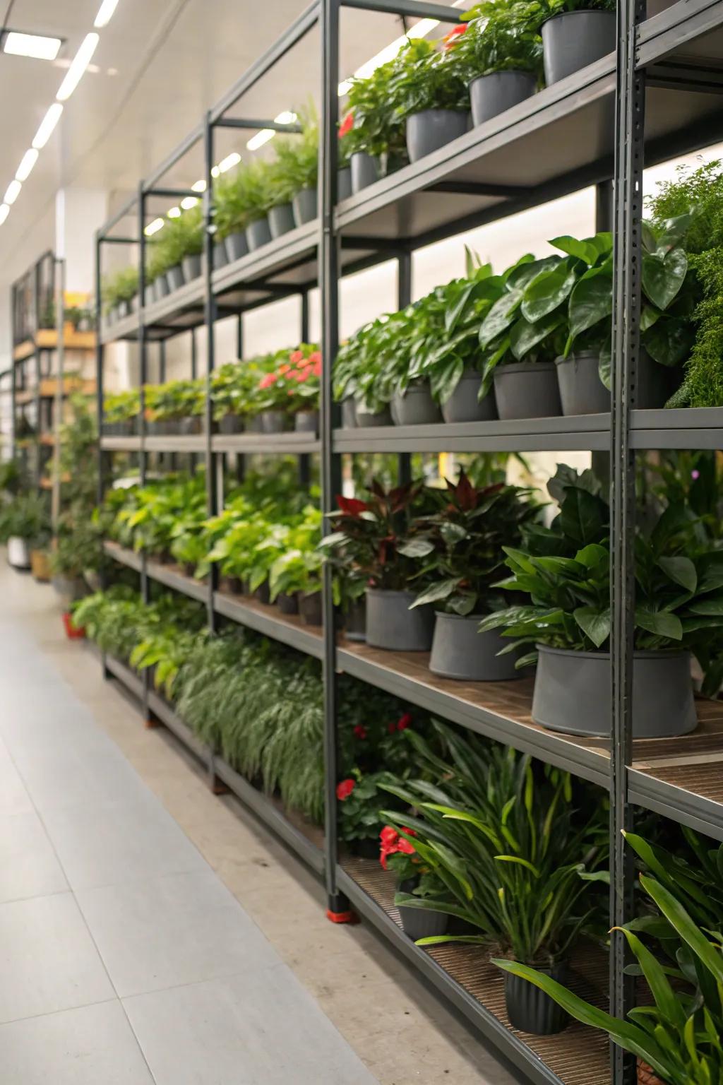 A continuous plant display from shelf to floor for a lush look.