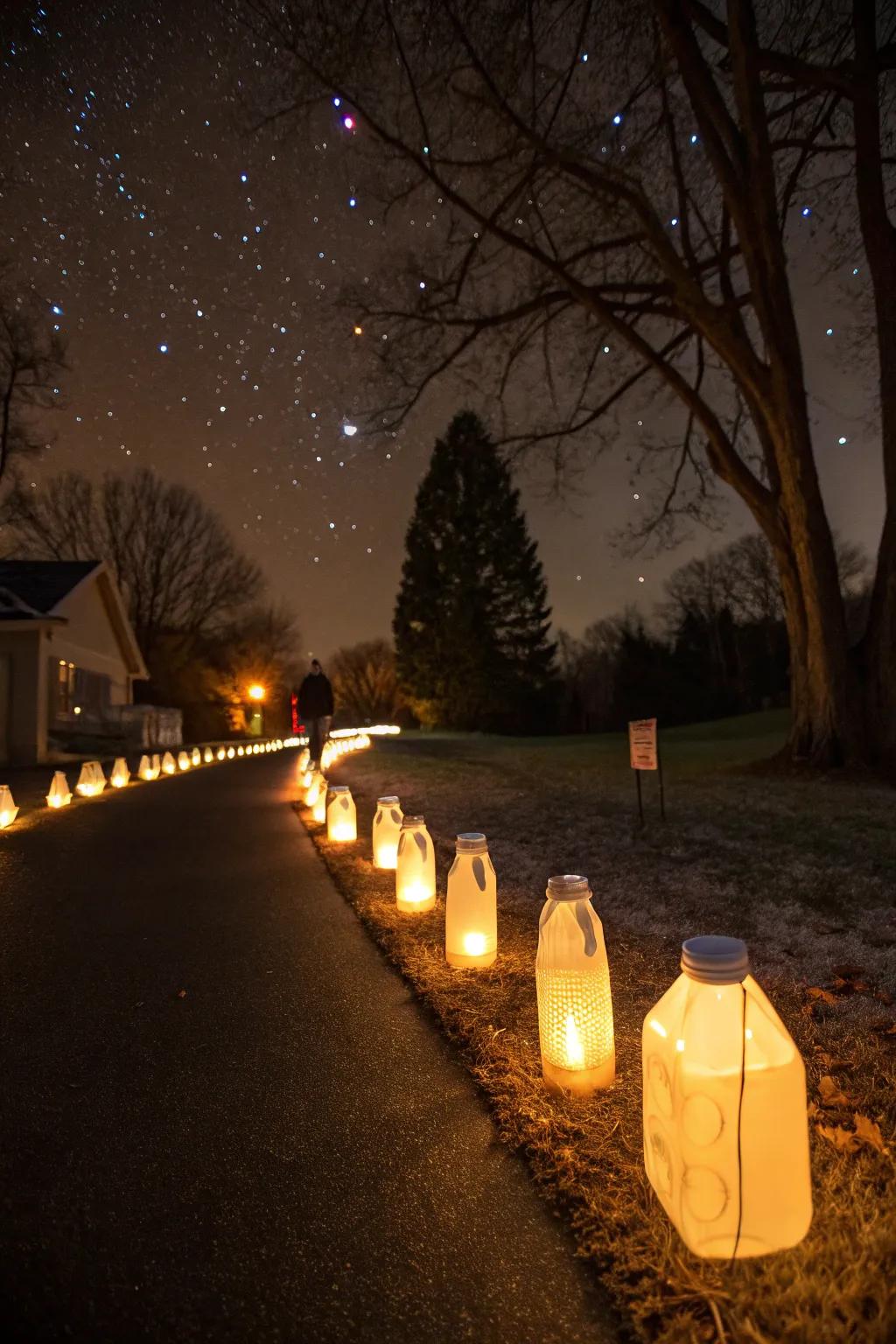 Create a magical holiday atmosphere with luminaries crafted from milk bottles.