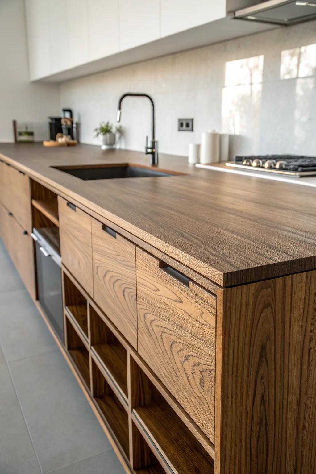 Maximize your kitchen space with hidden storage solutions in a sleek plywood countertop.