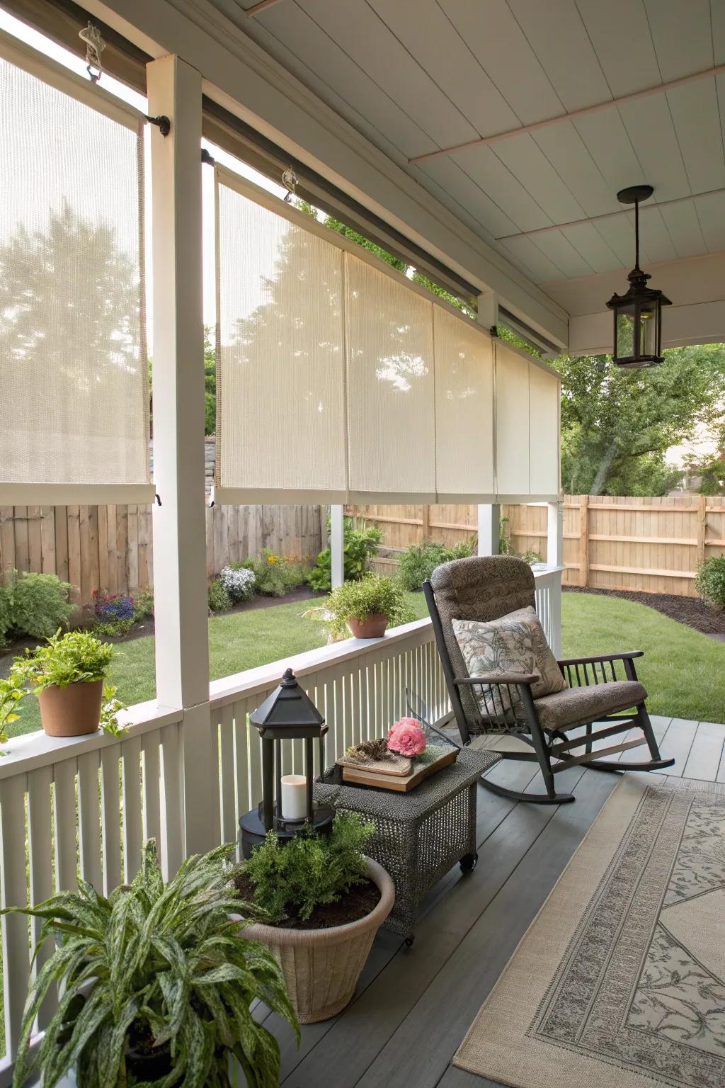 Plastic pull-down shades are practical and easy to maintain.