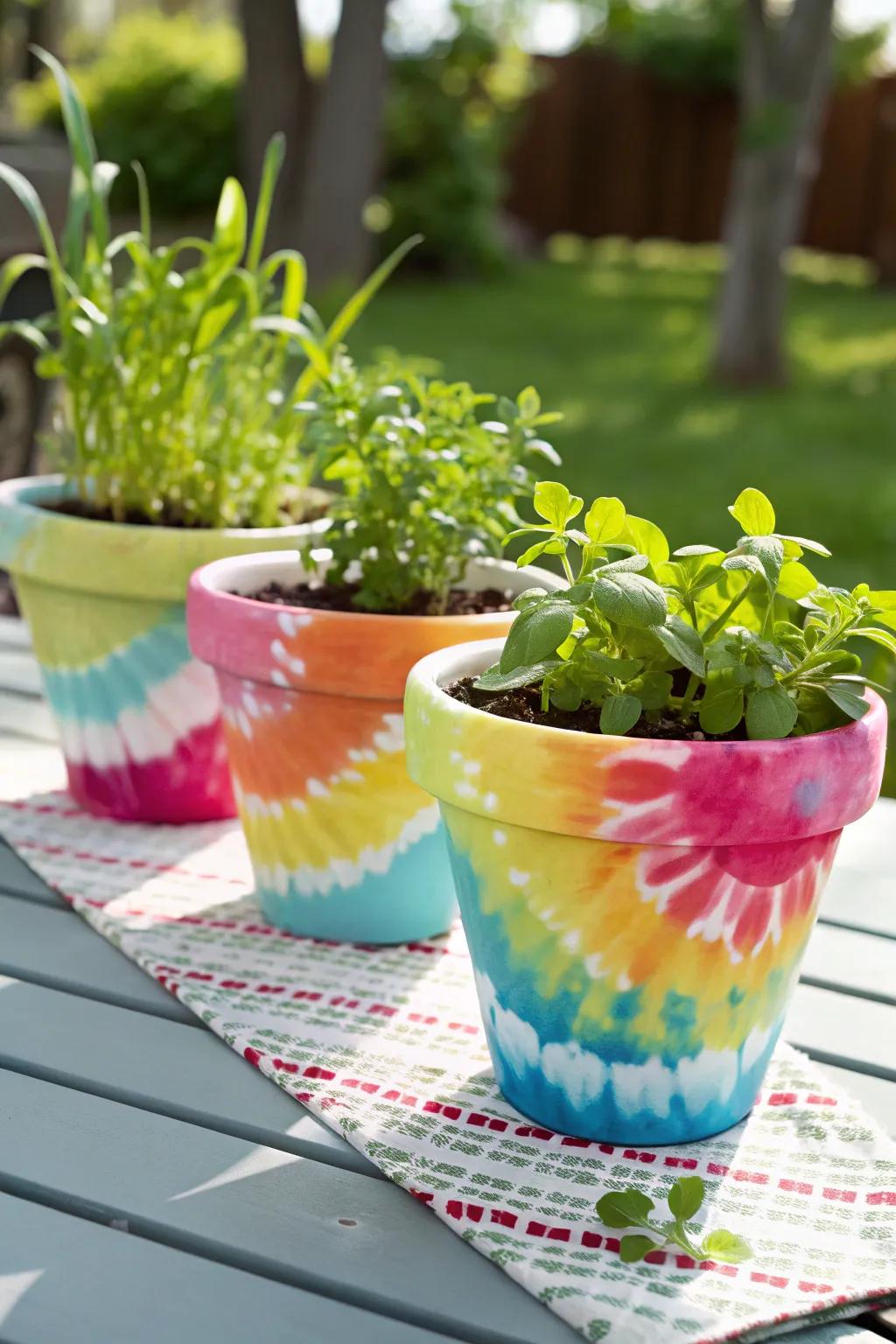 Tie-dye techniques bring vibrant colors to plant pots.