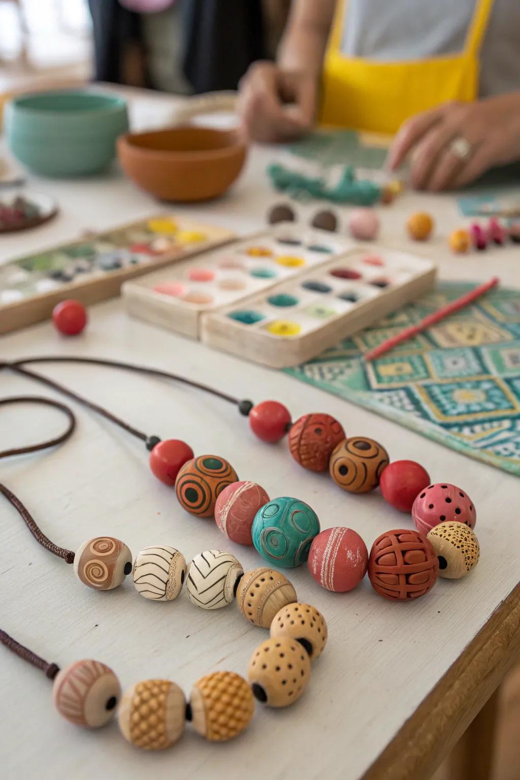 Unique clay beads ready to be turned into jewelry.