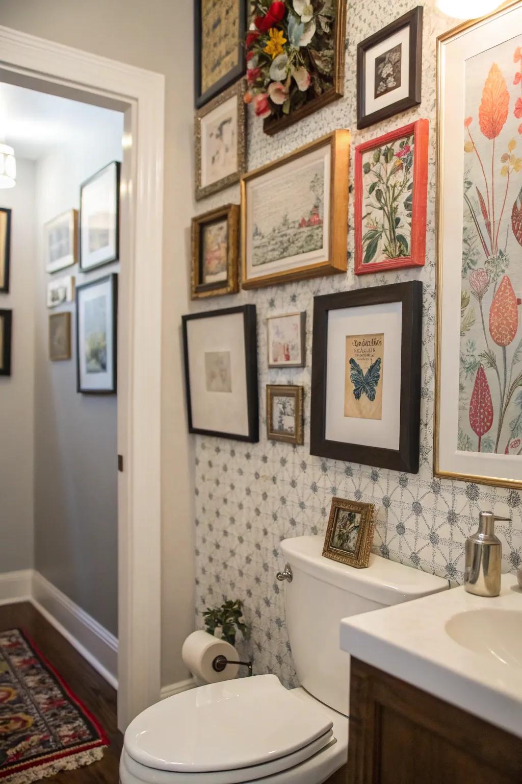 A gallery wall showcases personal style and adds interest to your powder room.