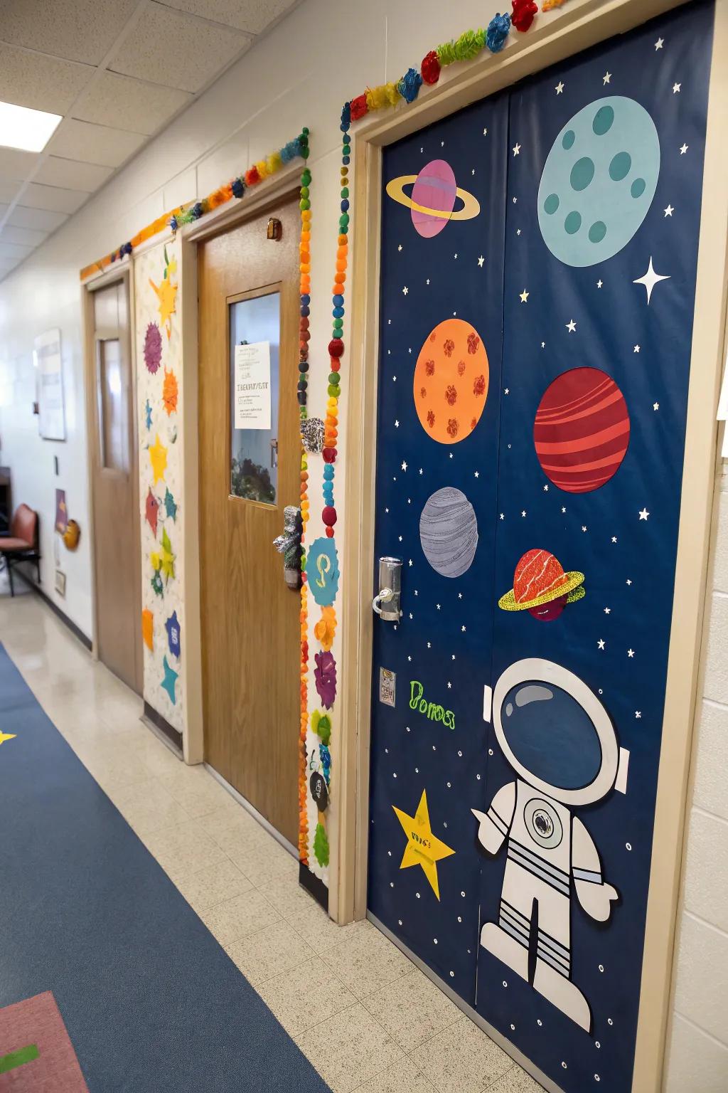 A space-themed door invites exploration of the universe.