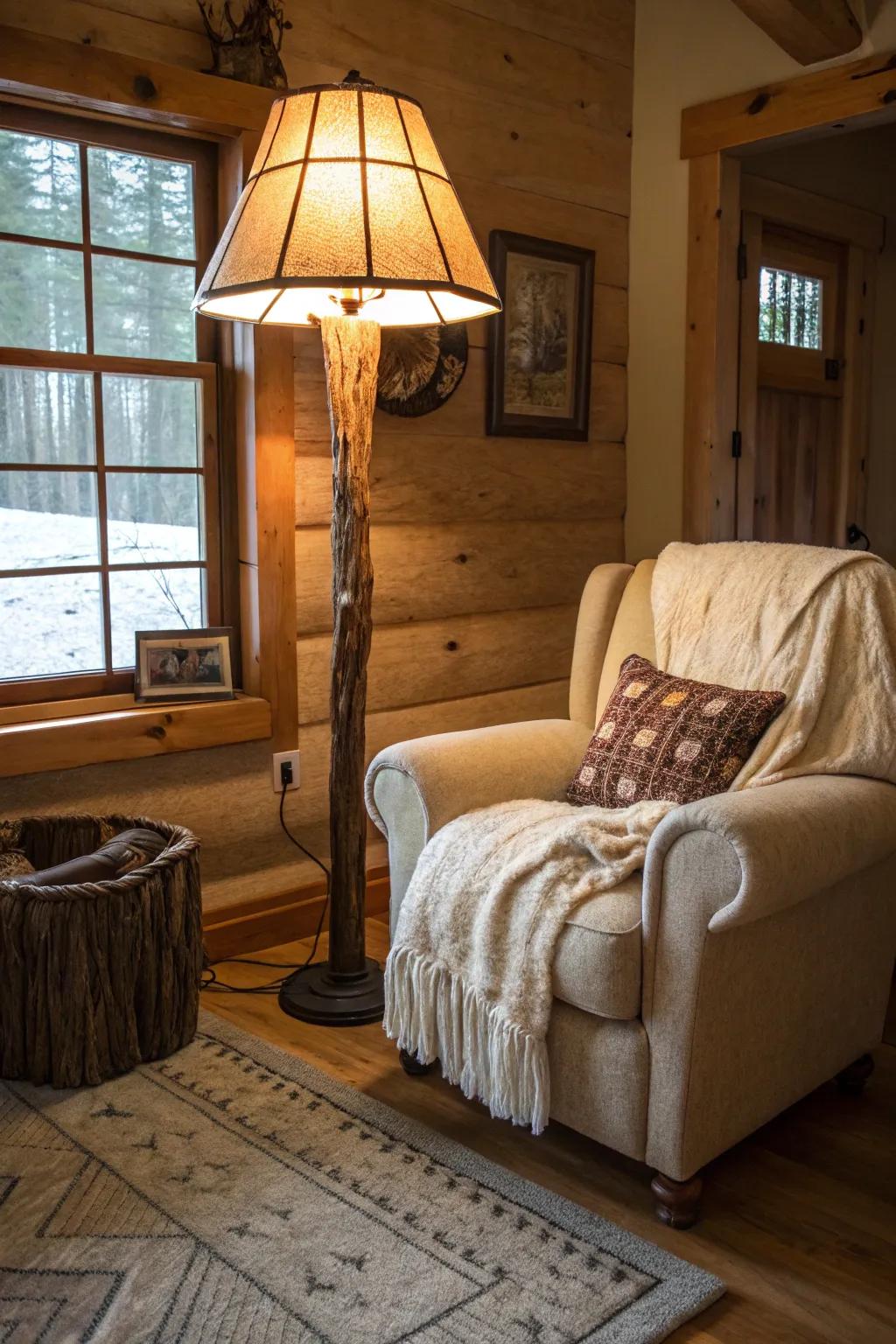 A log cabin floor lamp adding rugged charm to a living room.