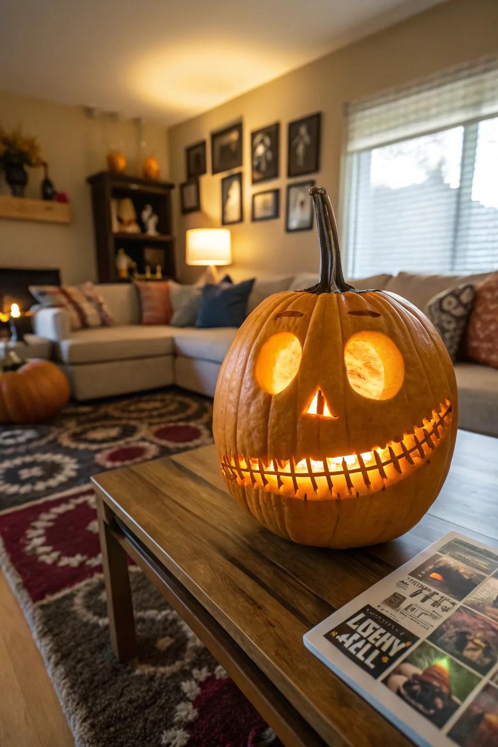 A zipper mouth pumpkin adds a quirky surprise to your decor.