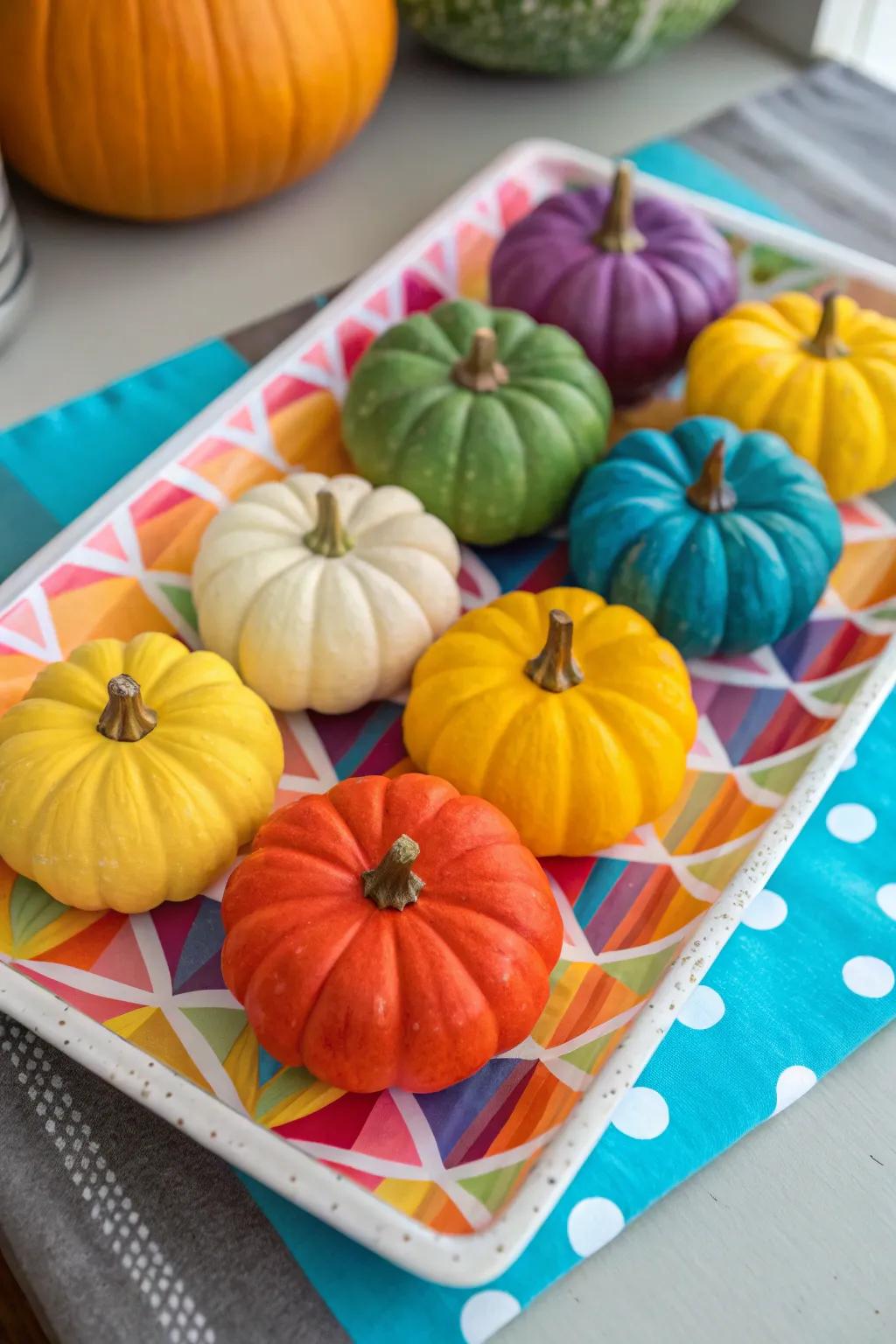 Rainbow mini pumpkins add a pop of color to any decor.