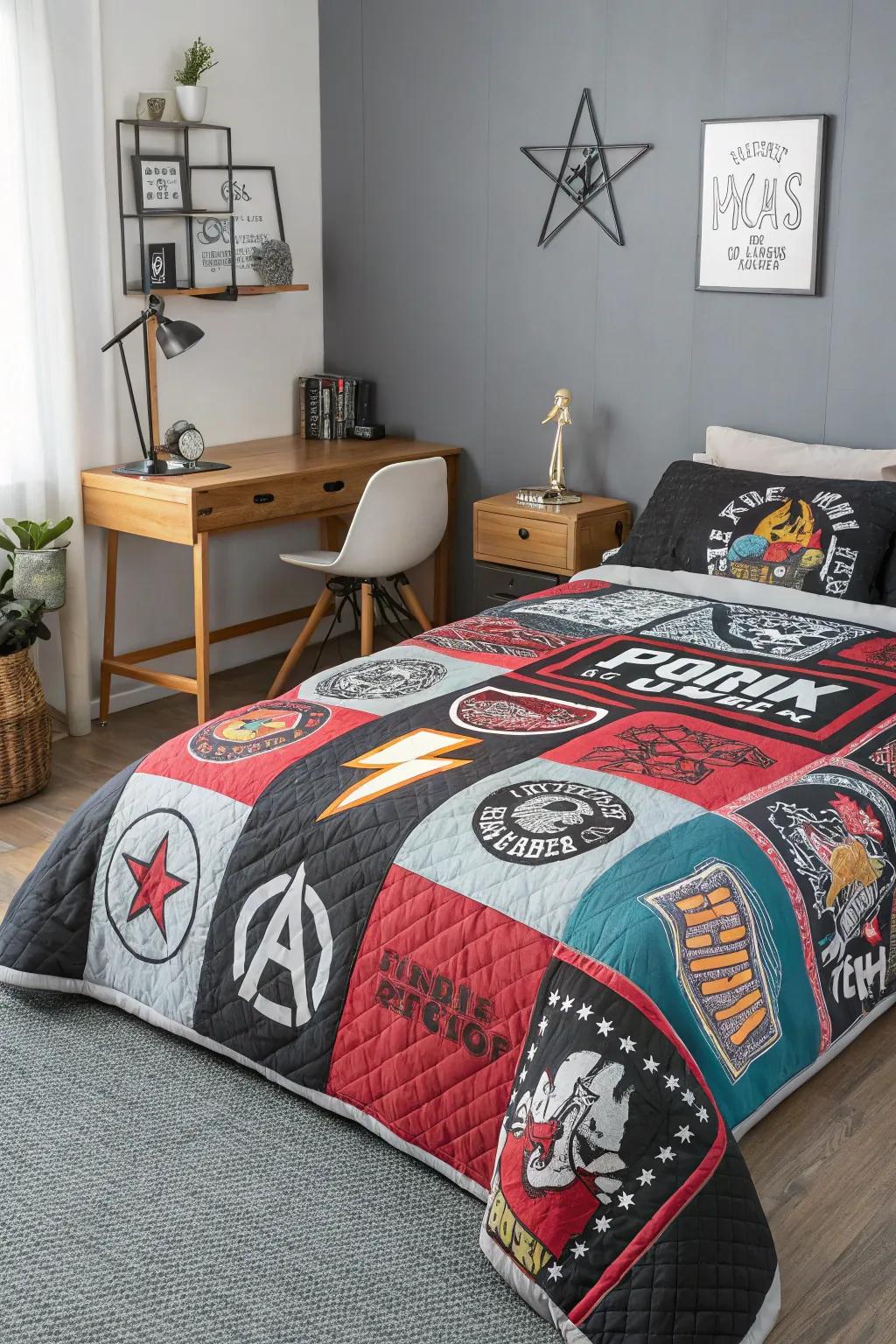 Make a bold statement with a punk patch bedspread.