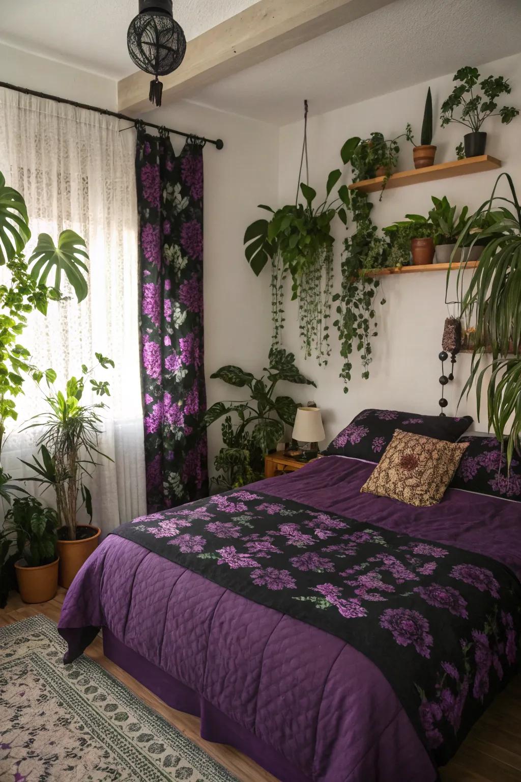 Nature-inspired elements add life and vibrancy to a purple and black bedroom.