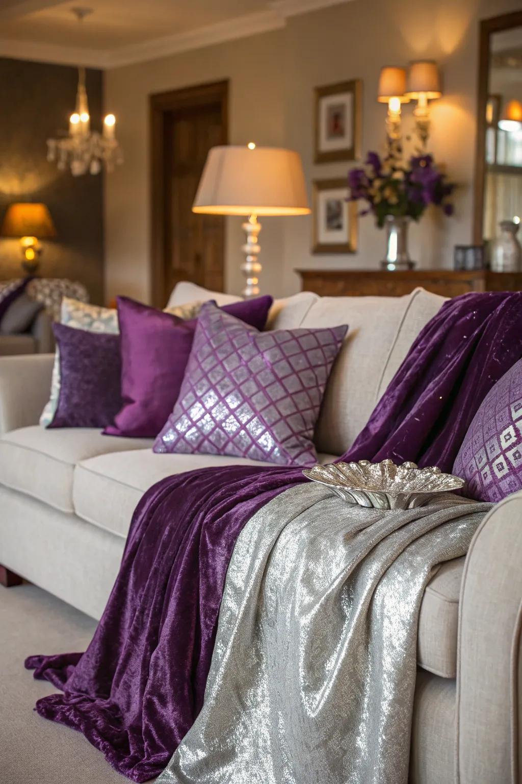 Purple and silver textiles enhance comfort and elegance.