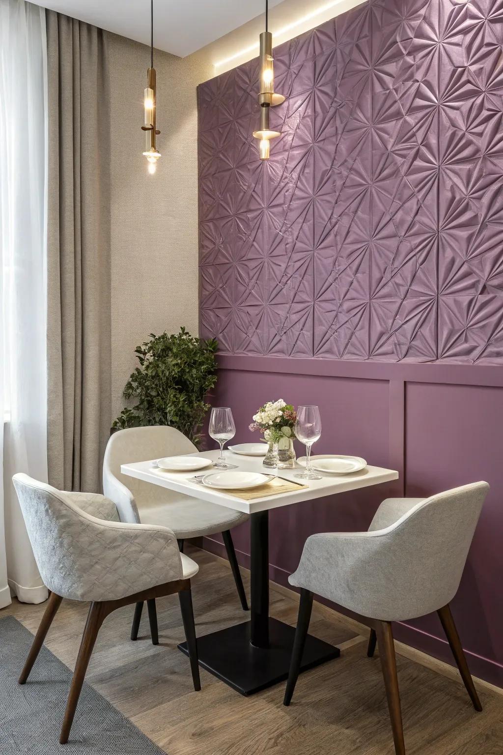 A textured purple feature wall adds depth and interest to the dining room.