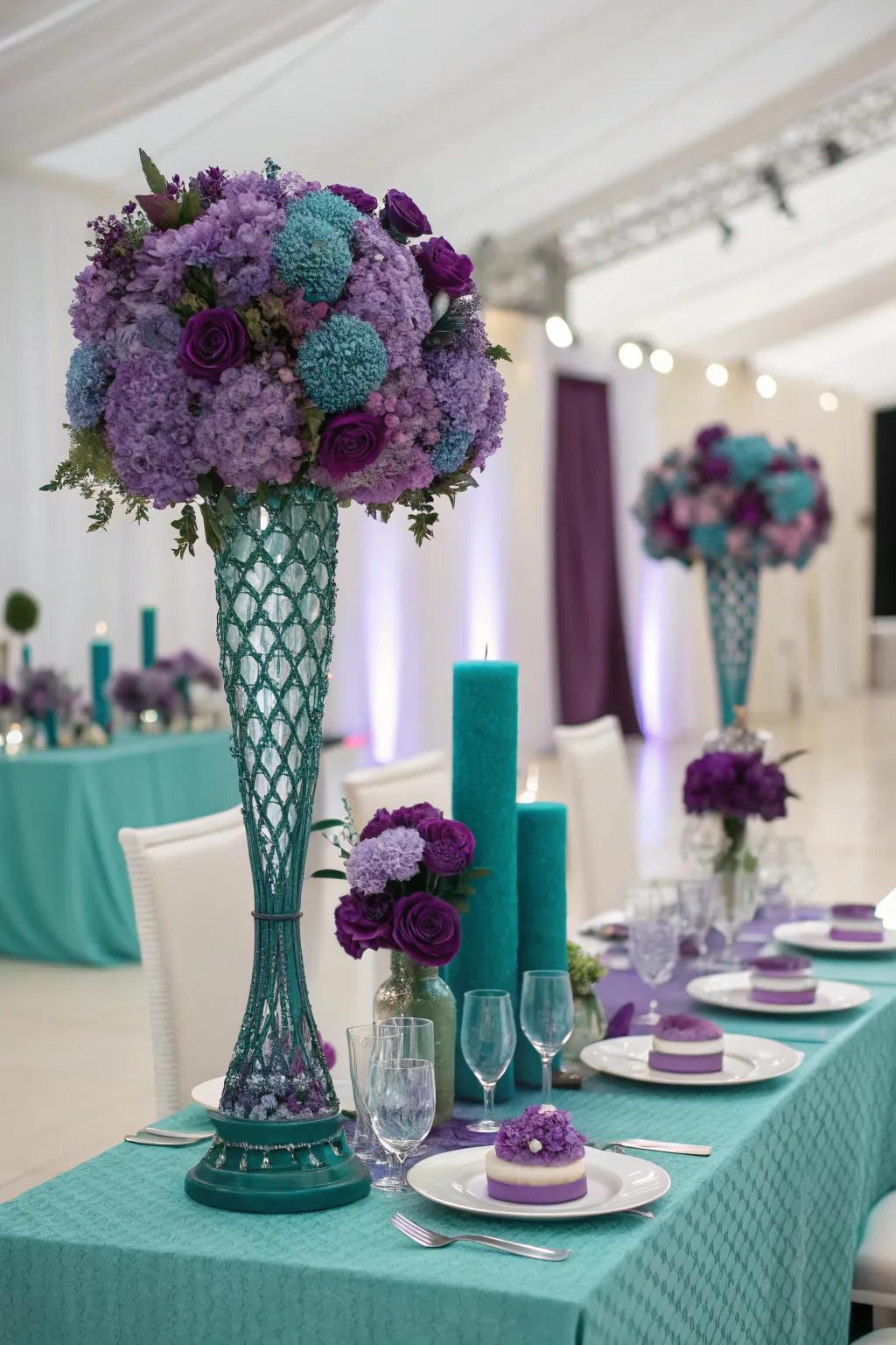 A bold and modern purple and teal wedding theme.