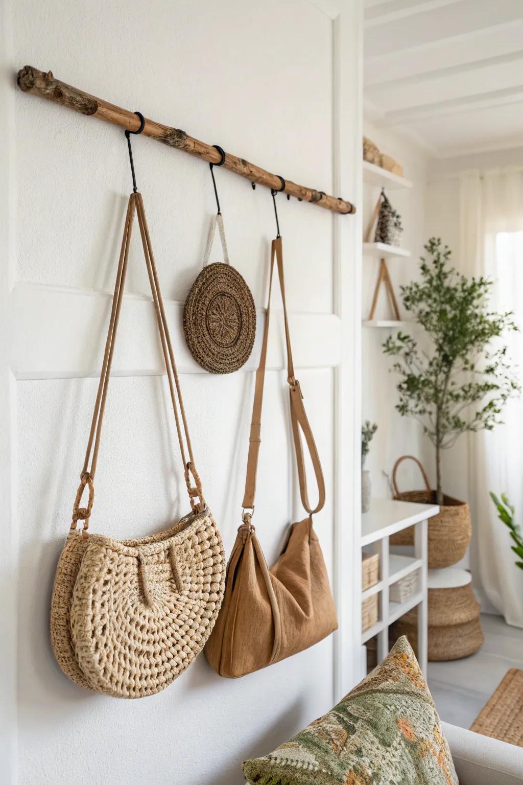 Elevate your purse display with artistic hanging rods for a chic and organized look.