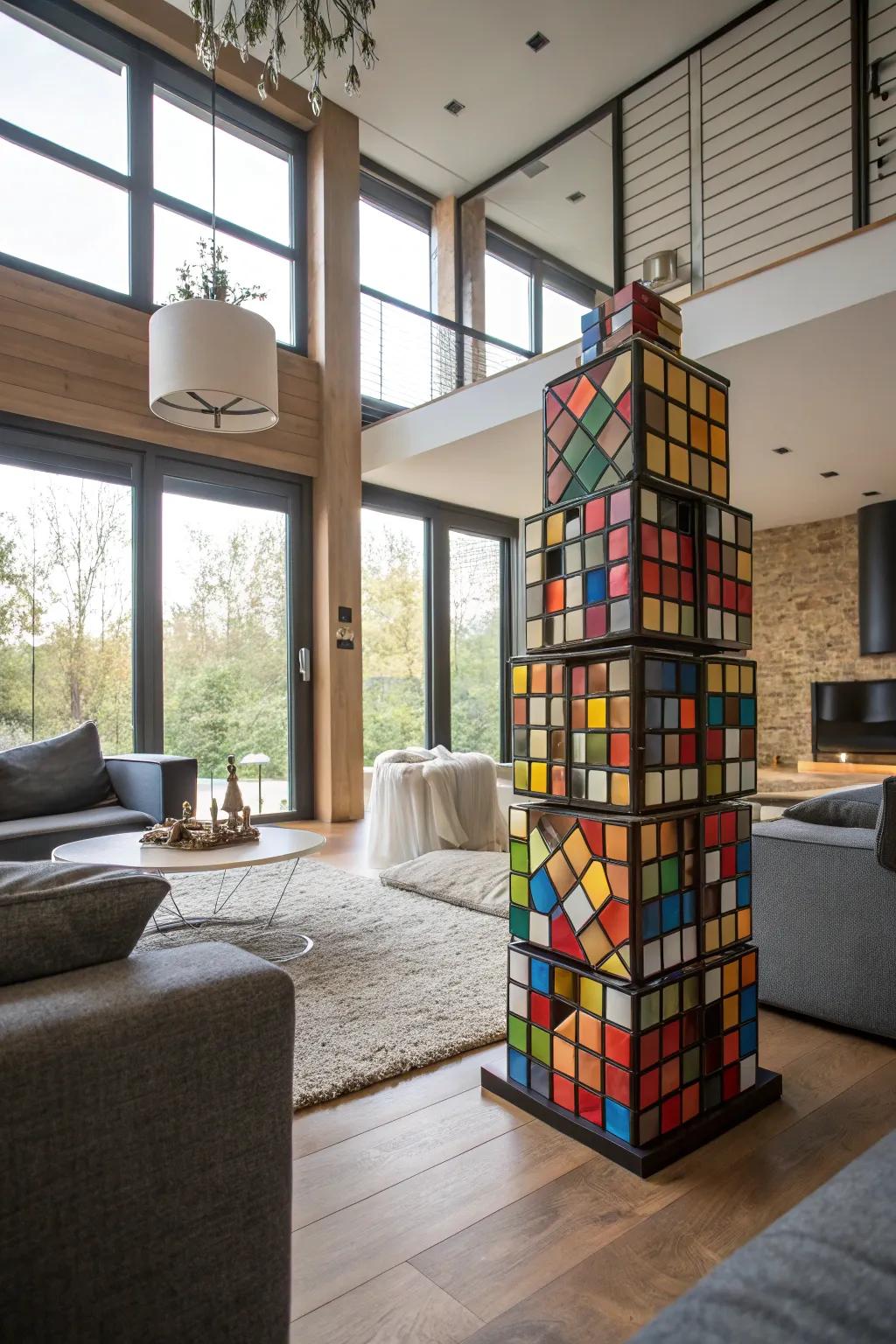 A creative puzzle cube structure serves as an eye-catching art piece.