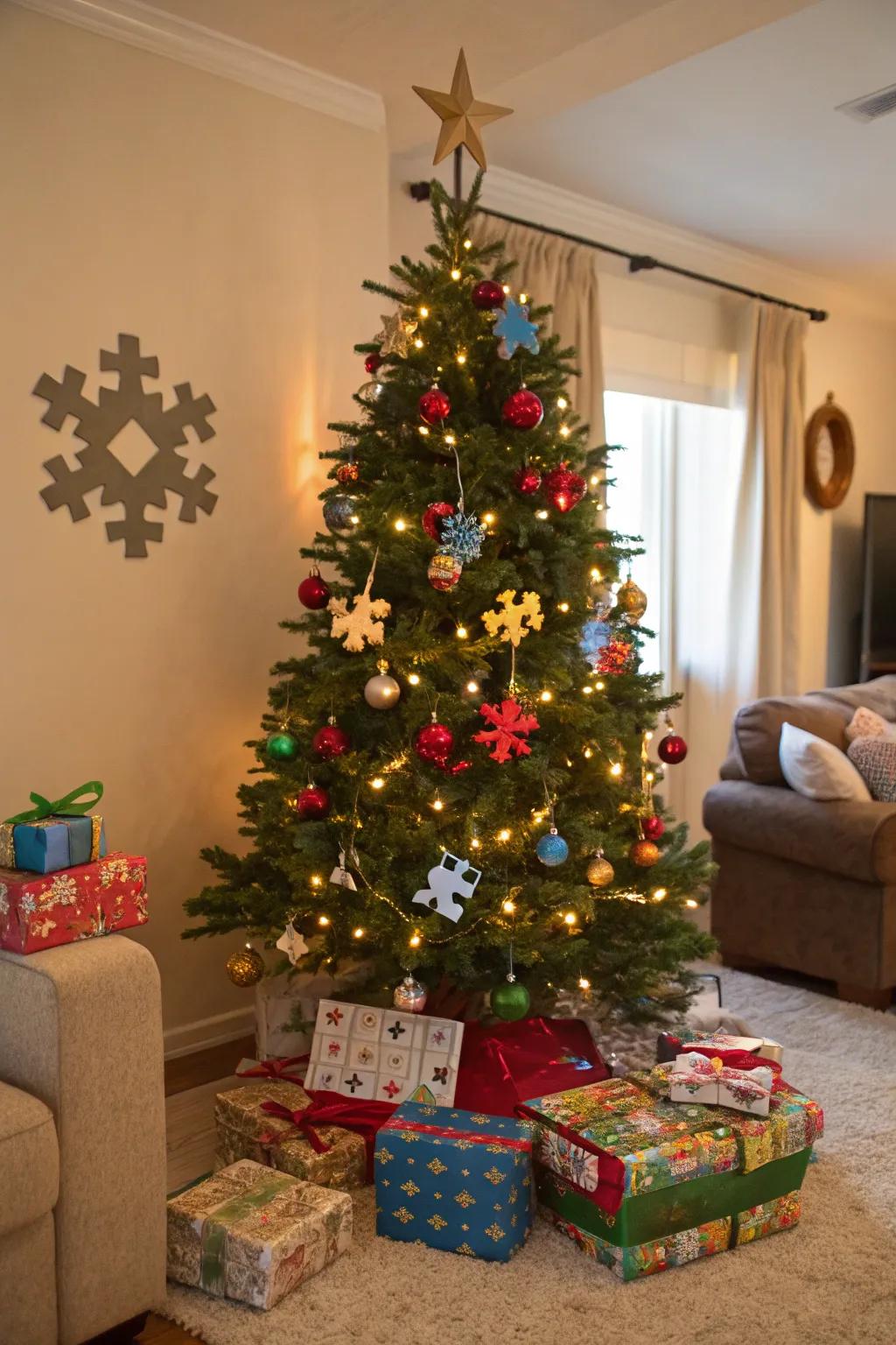 Personalize your tree with puzzle piece ornaments.