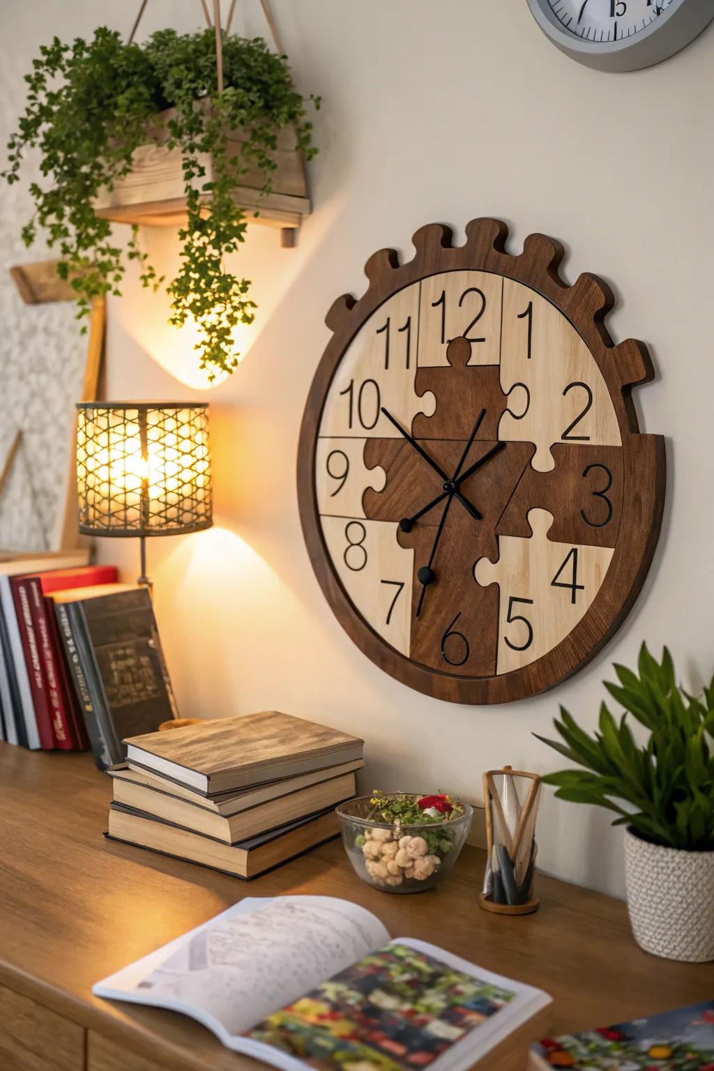 Puzzle piece clocks combine functionality with artistic design.