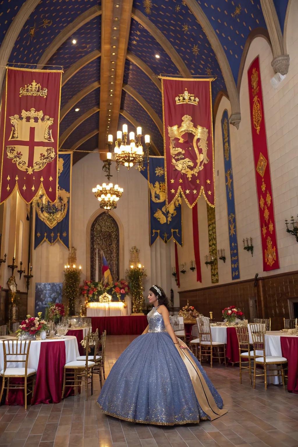 An enchanting medieval fantasy-themed quinceanera with castle-like decor.