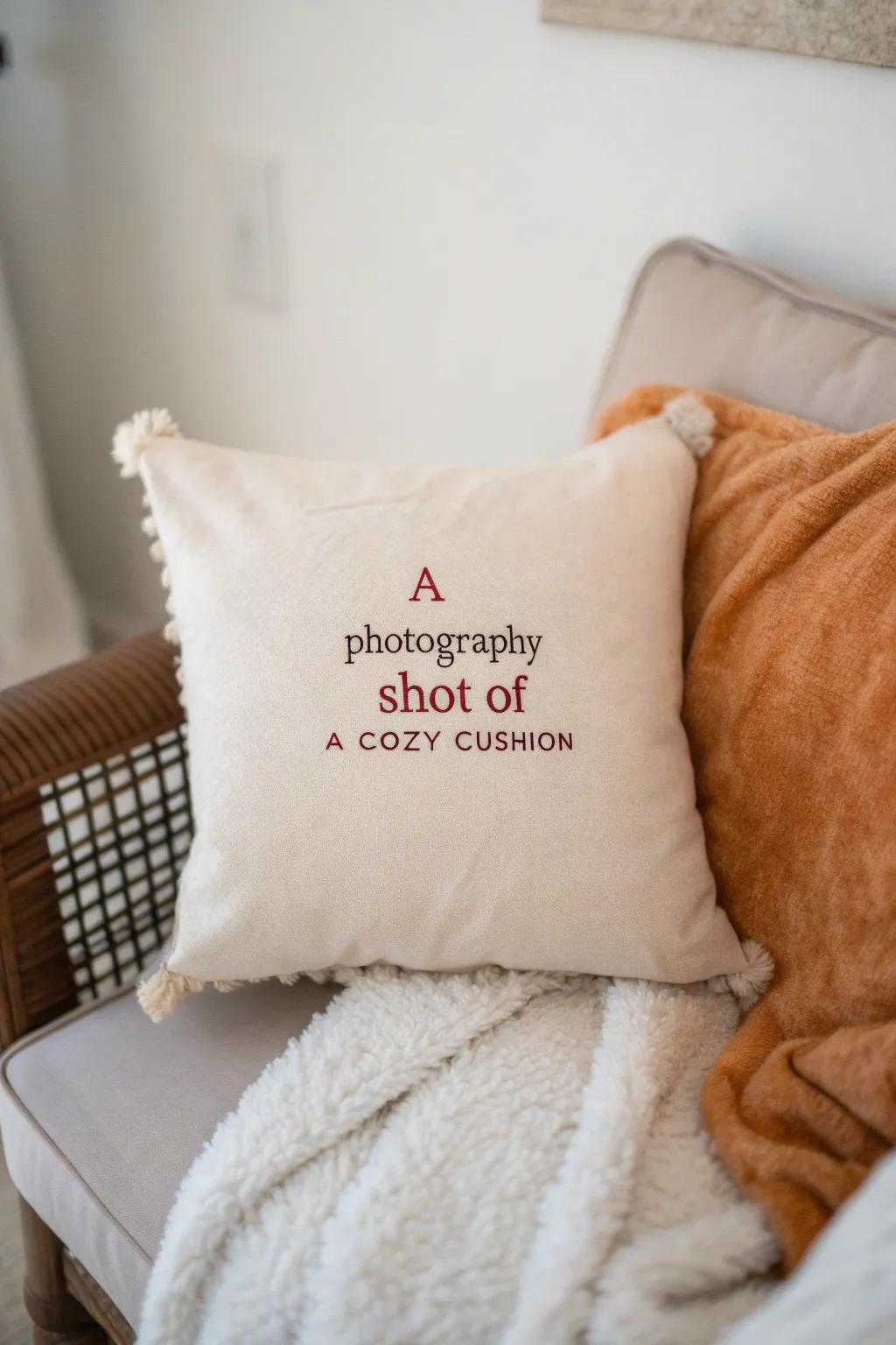 A cozy cushion featuring an embroidered quote, merging comfort with inspiration.