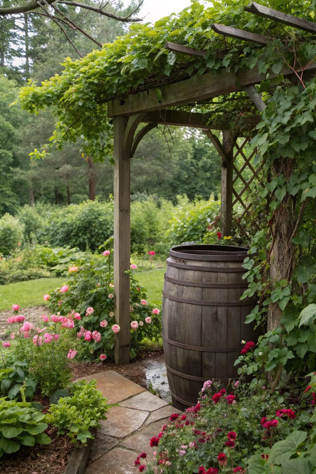 Trellis and vines naturally integrate your rain barrel into the garden landscape.