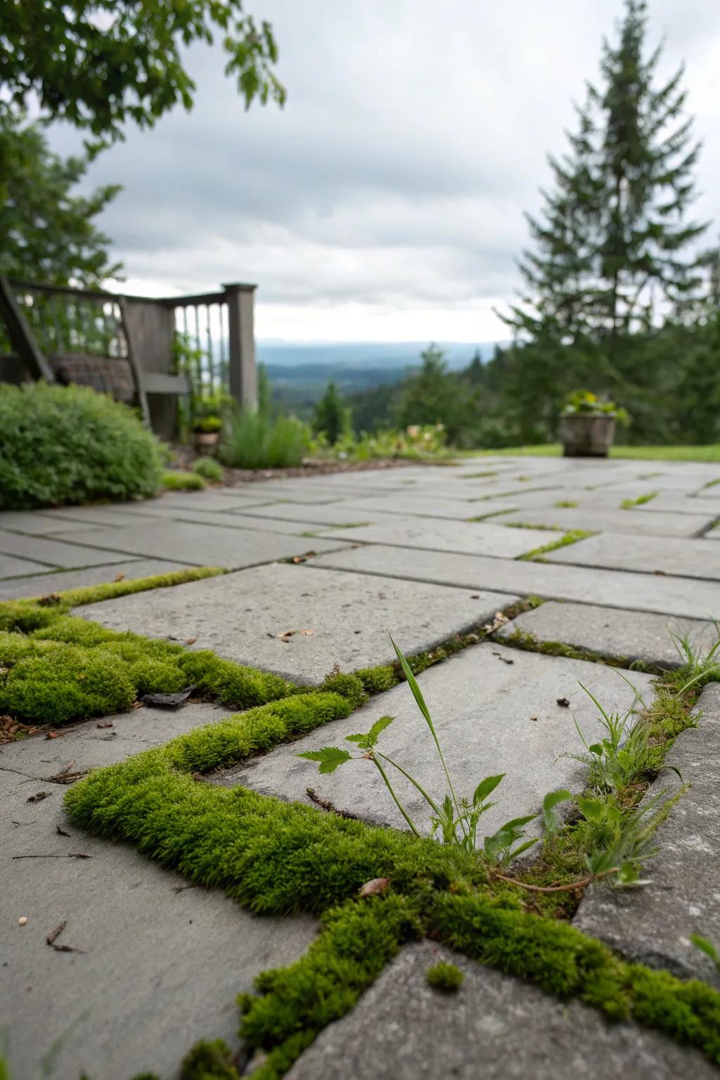 Moss between pavers adds natural charm to this raised concrete patio.