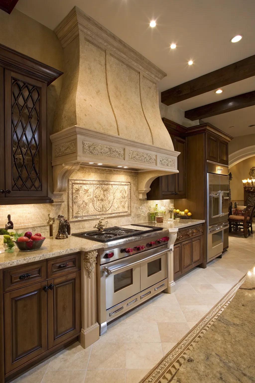 Limestone range hoods create a dramatic and luxurious focal point.