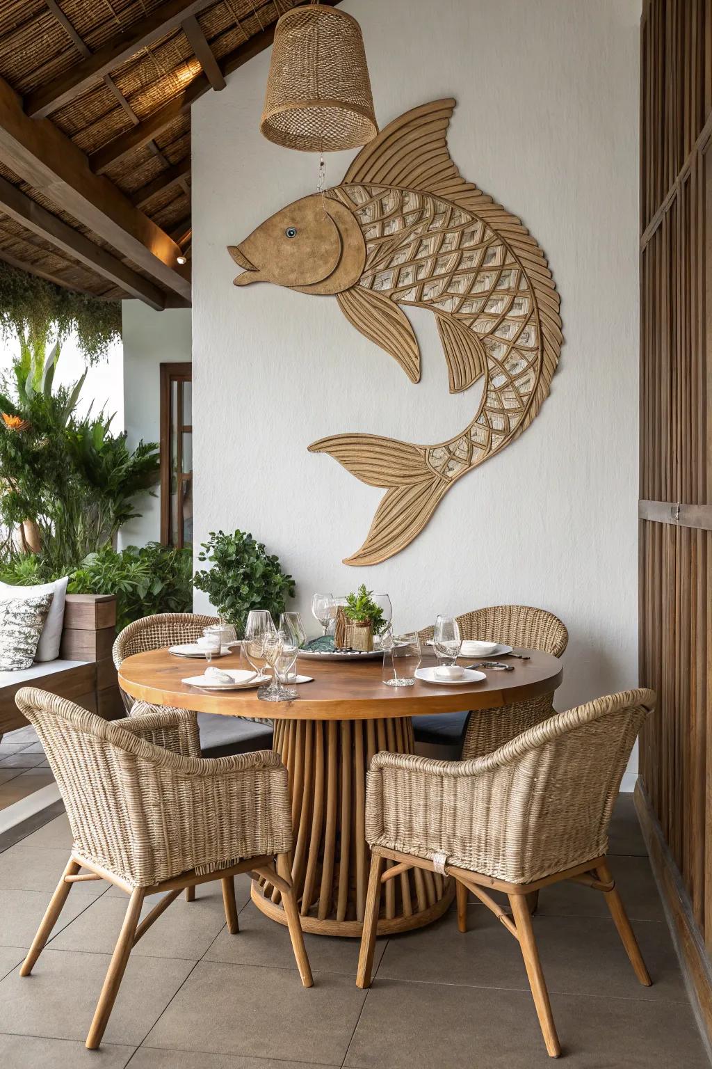 A rattan koi wall hanging makes a bold artistic statement.