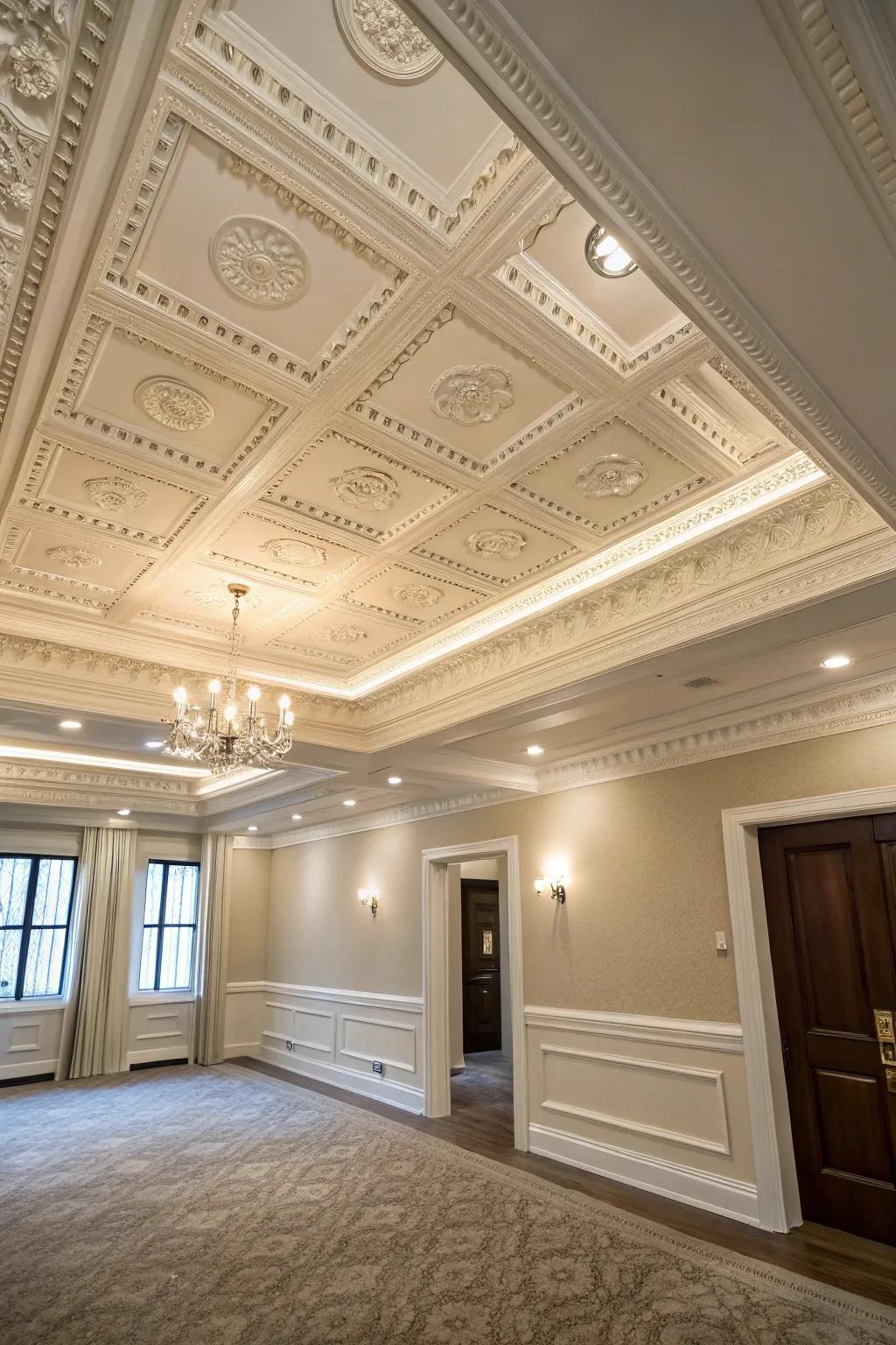 A room with a recessed ceiling and layered molding for added depth.