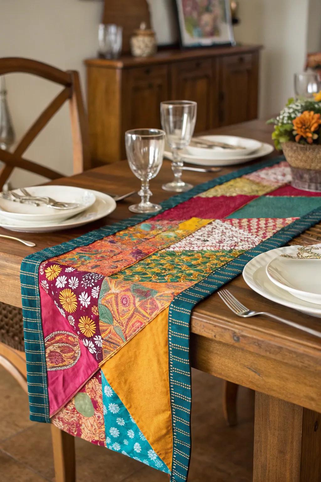 A colorful table runner crafted from old dresses enlivens any dining space.