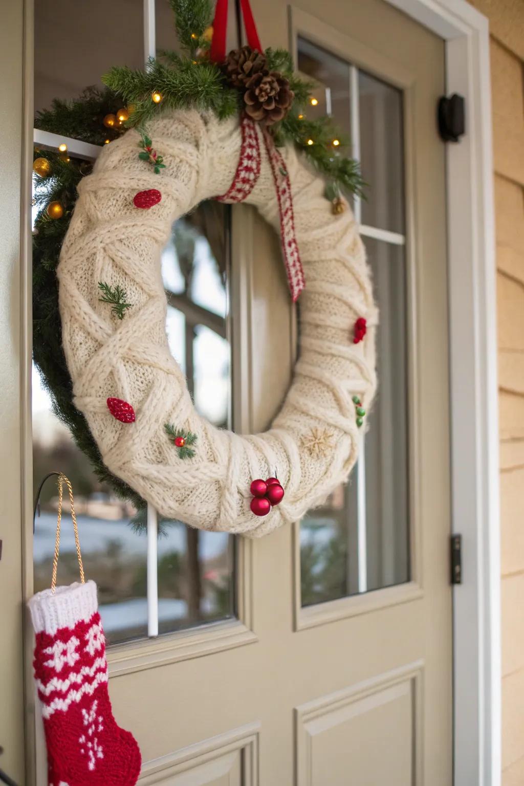 A cozy wreath made from an old sweater welcomes guests warmly.