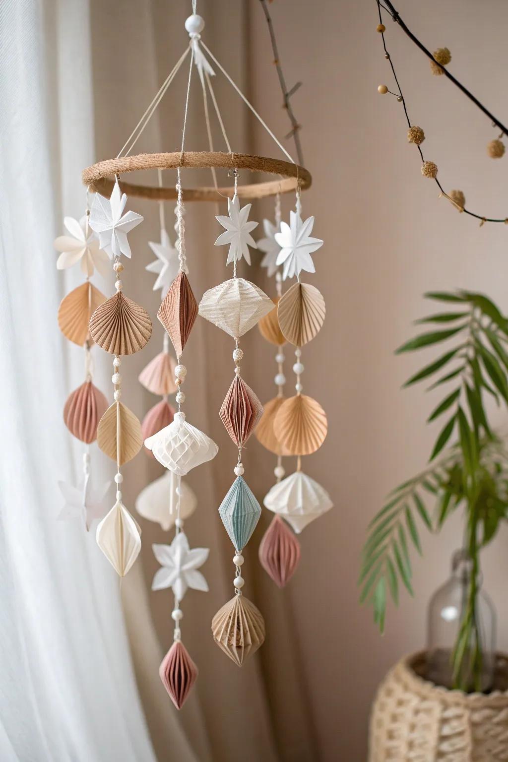 Elevate your space with the serene beauty of a handcrafted paper mobile – where sustainability meets style.