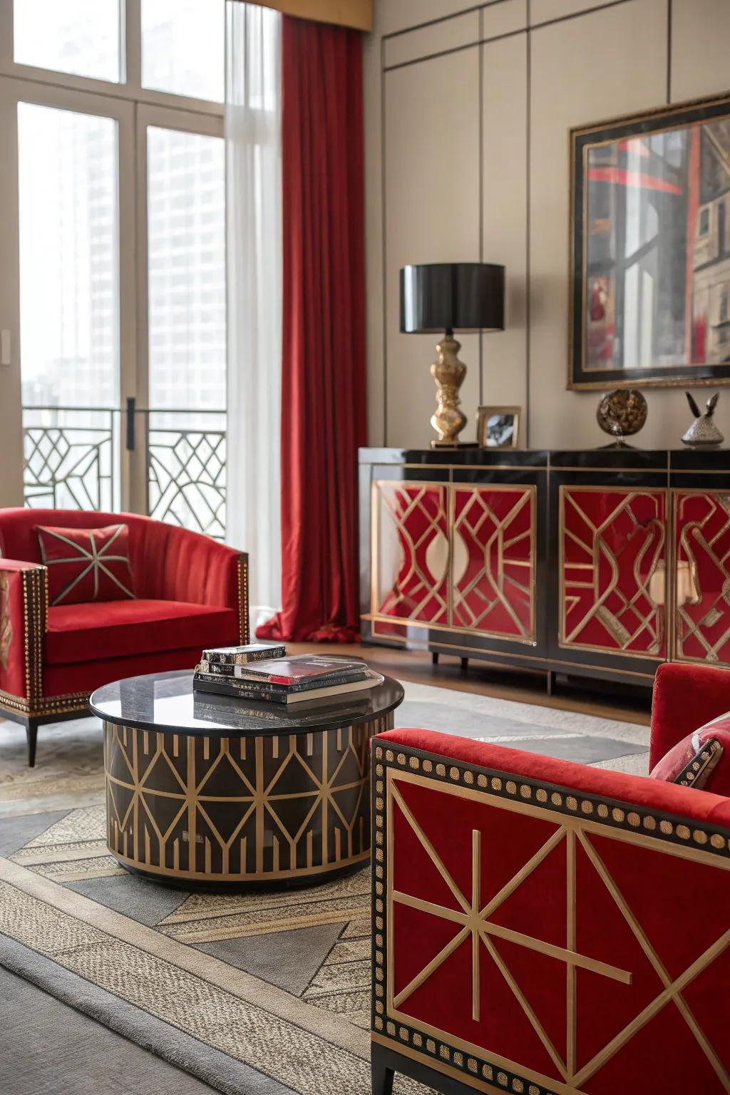 Art Deco style with red adds glamour and sophistication.