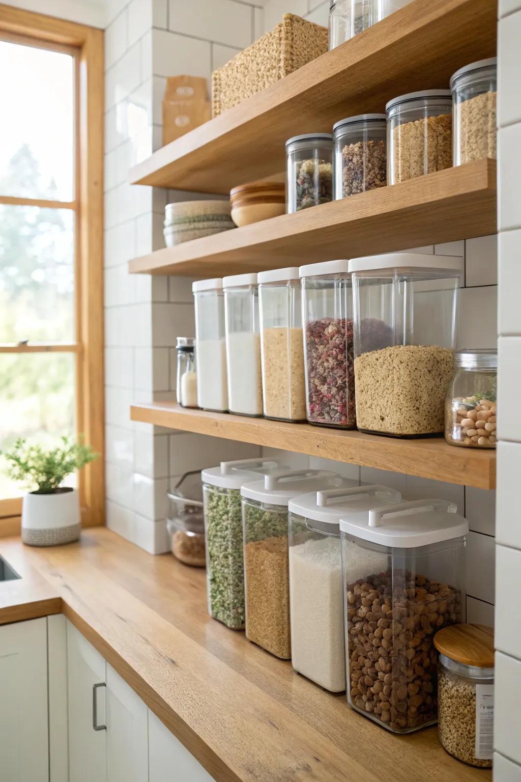 Matching storage containers bring order and style to a rental kitchen.