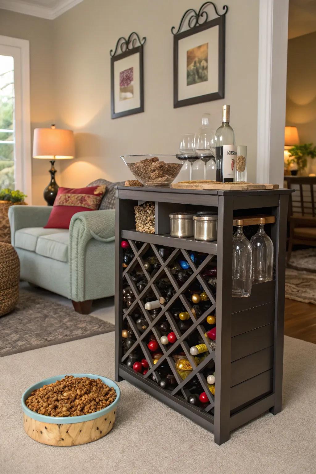 A neat pet supply organizer using a wine rack.