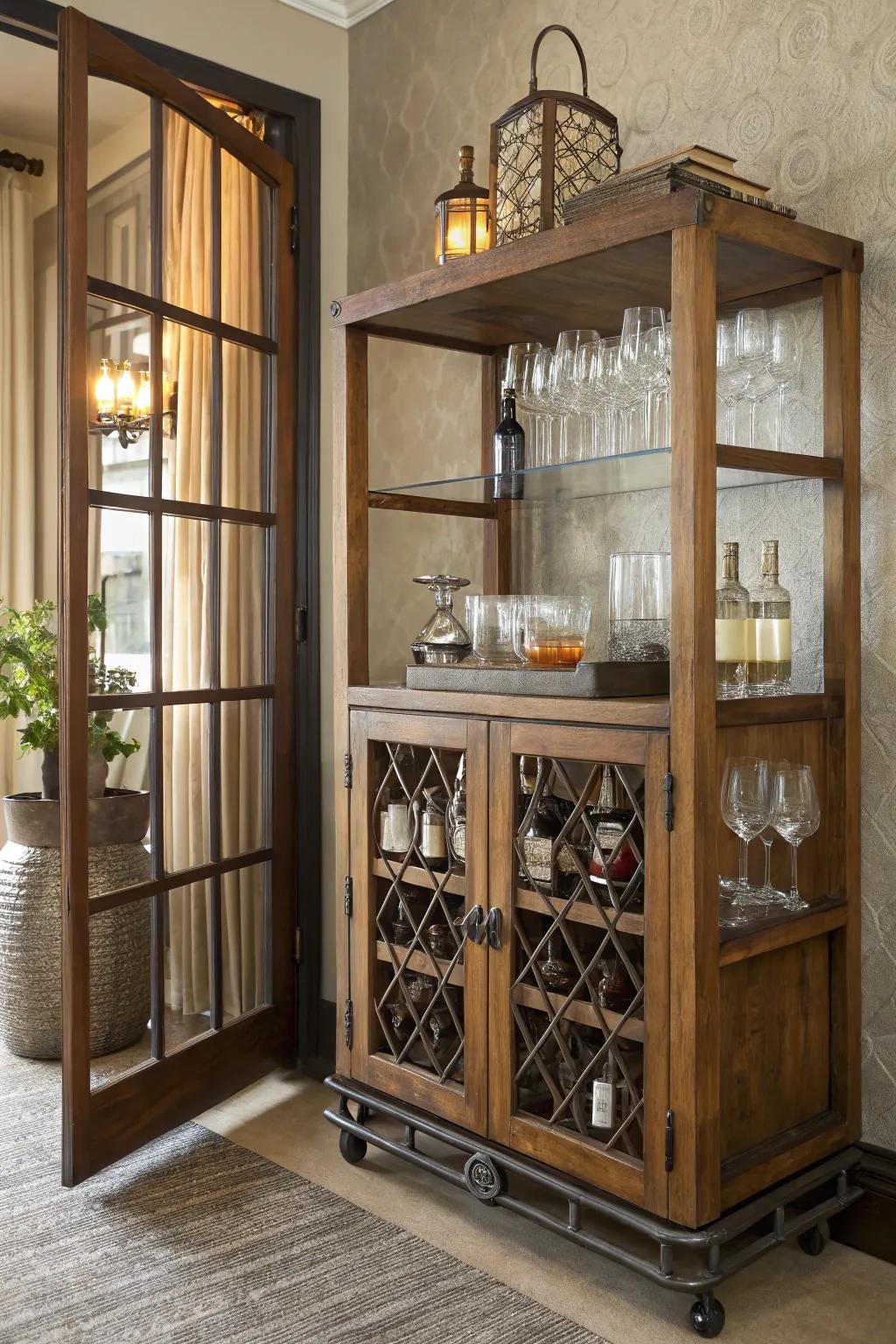 Elevate your hosting game with this chic mini bar cart made from French doors. A touch of elegance for any occasion.