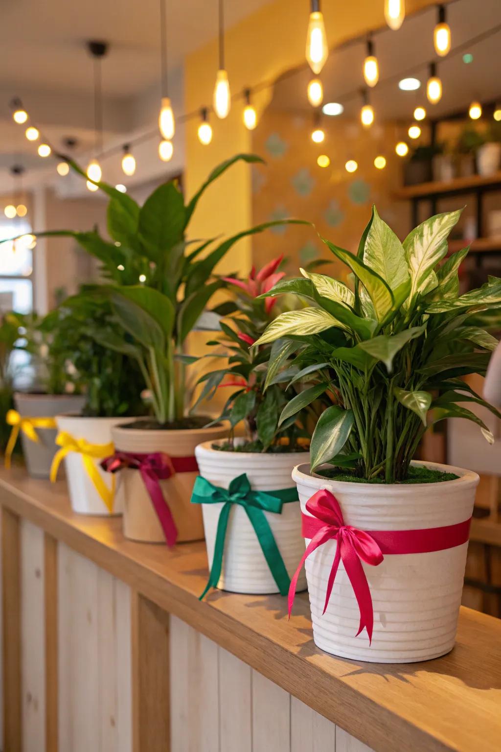 Brighten up plant pots with colorful ribbons for a personalized touch.