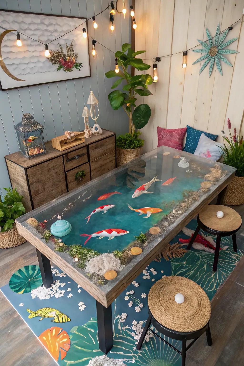 Add a whimsical touch with koi fish motifs in river tables.