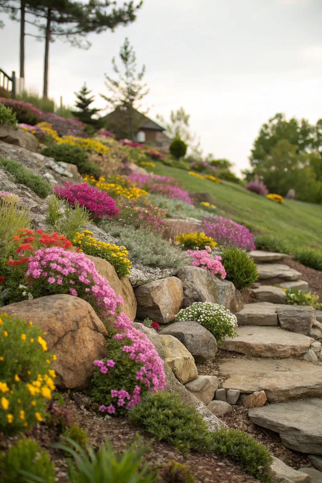 A sloped rock garden turns uneven terrain into a feature.