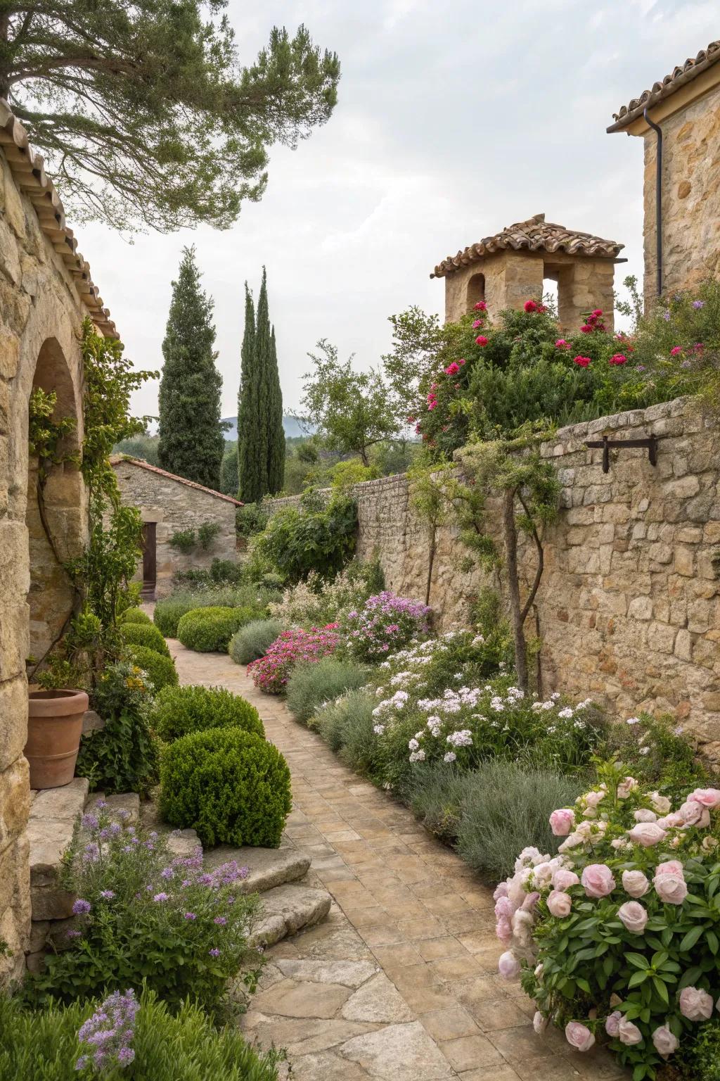 Natural stone walls provide structure and timeless appeal to the garden.