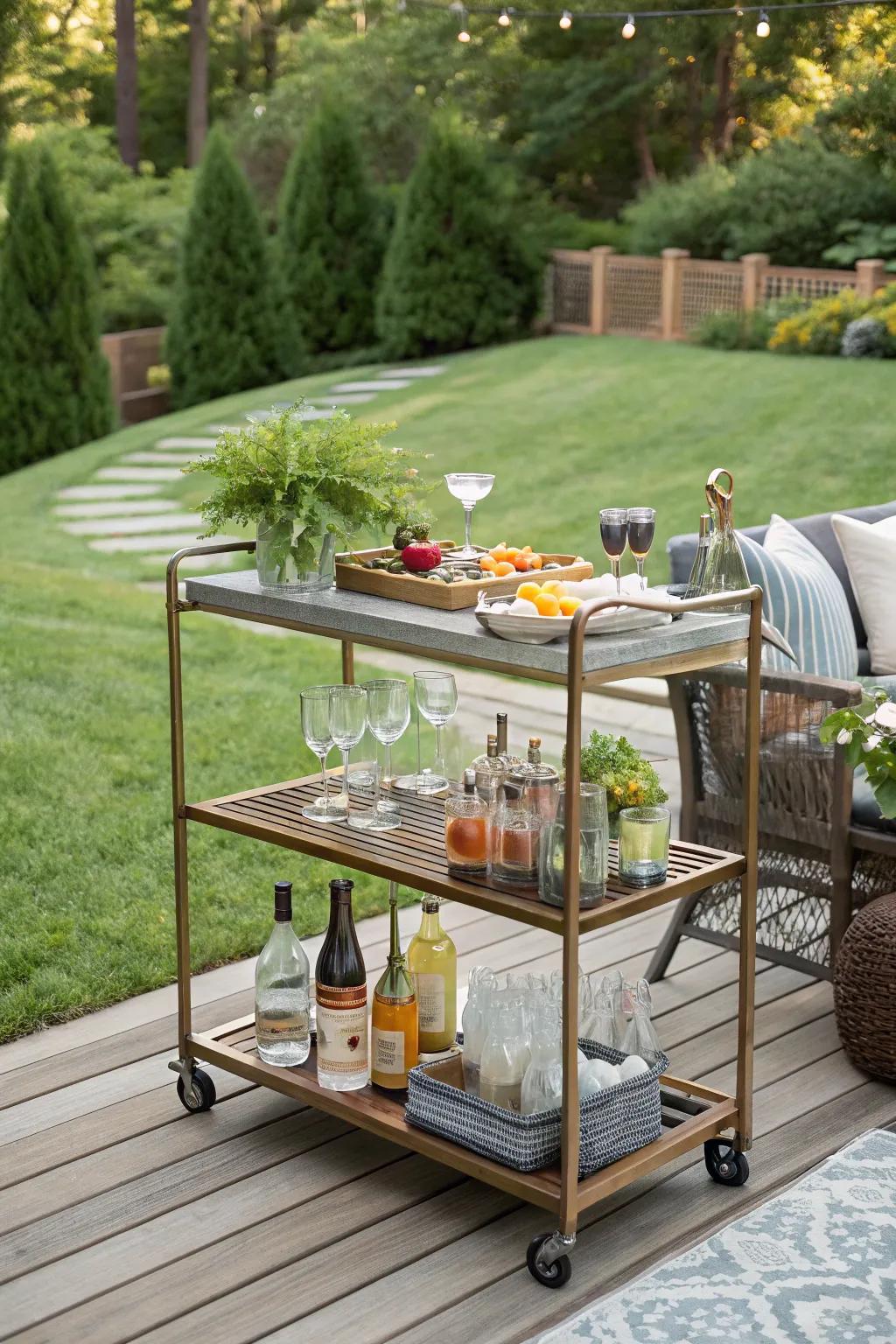 An outdoor bar cart makes entertaining a breeze.