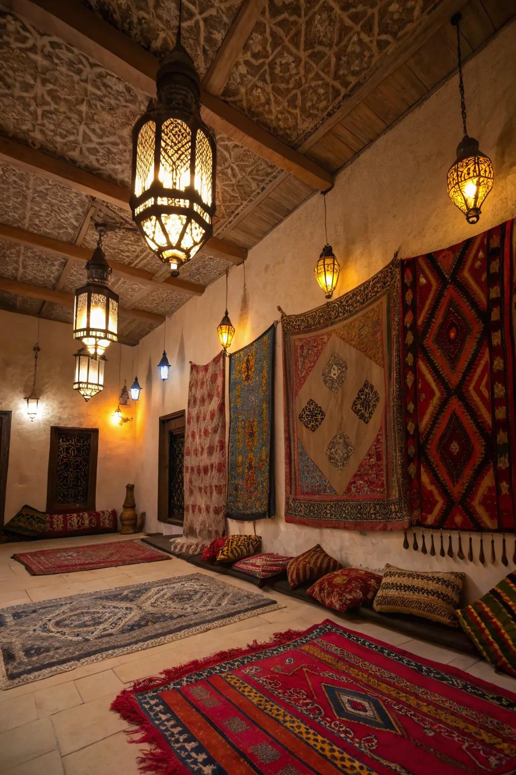 Moroccan accessories add warmth and exotic flair.