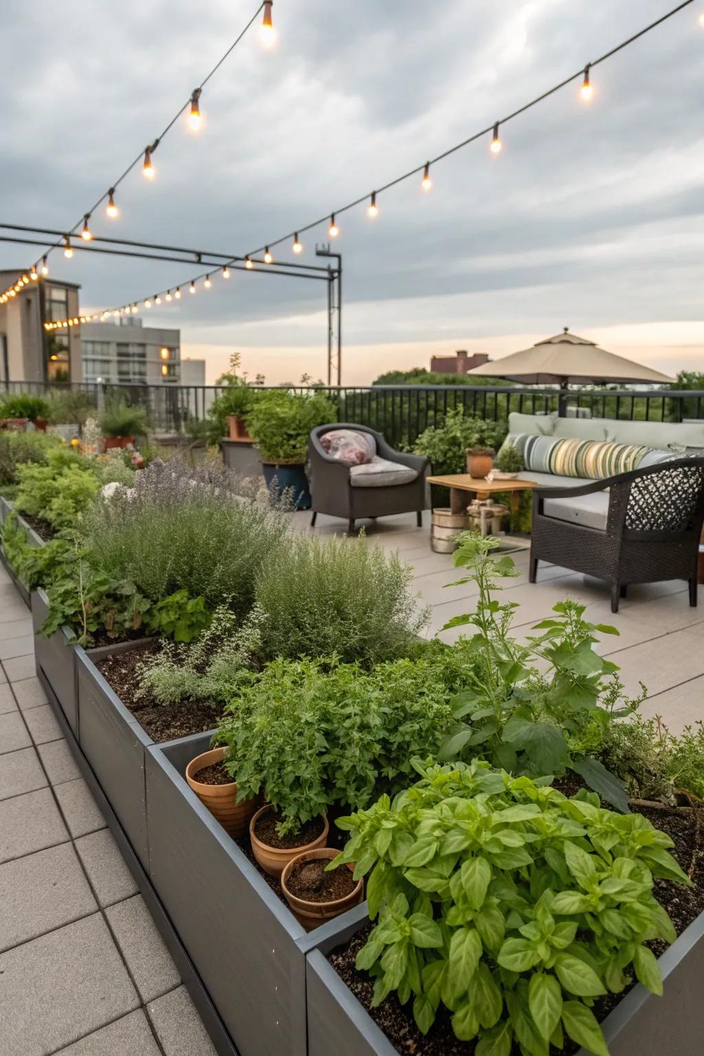 A rooftop herb garden offers fresh flavors and a touch of greenery.